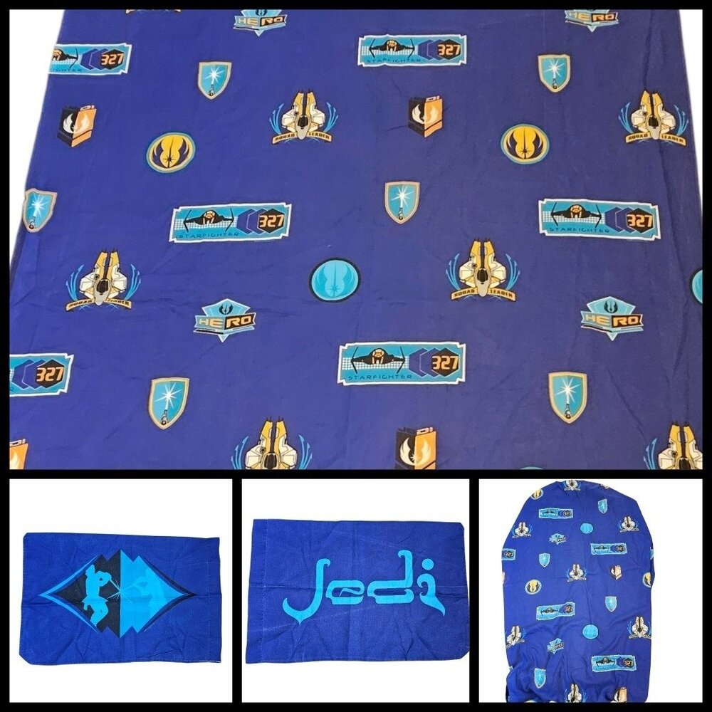 VTG Star Wars Jedi Blue Fabric Material Star Fighter 3.5 Yards Twin‎ Sheet Set